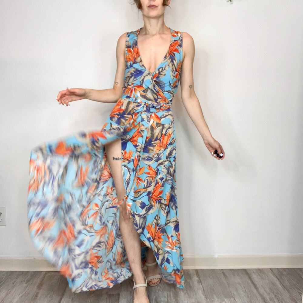 LULU'S Something To Believe In turquoise floral wrap maxi dress backless boho